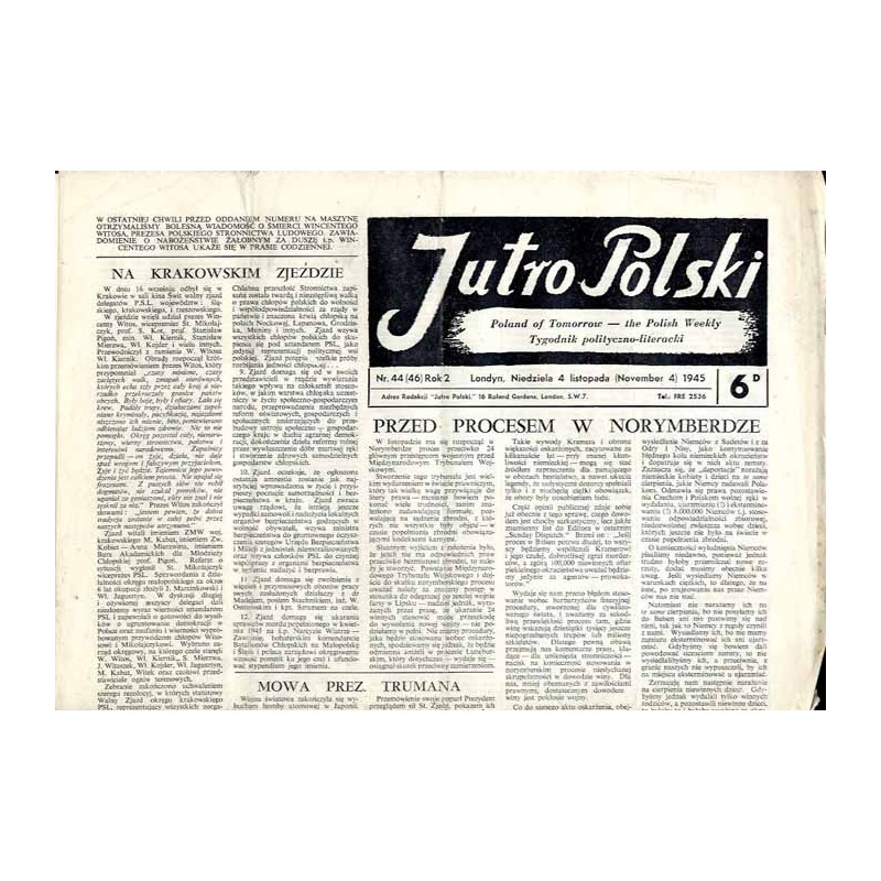 Jutro Polski. Tygodnik polityczno-literacki  Poland of Tomorrow. The Polish Weekly. R.2 (1945). Nr 44 (46) (4 listopada 1945) /