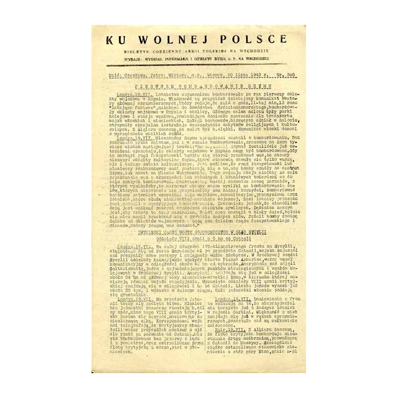 Ku Wolnej Polsce. Biuletyn codzienny Armii Polskiej na Wschodzie. (1943). Nr 308 (20 lipca 1943)