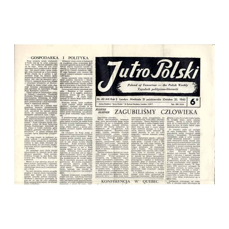 Jutro Polski. Tygodnik polityczno-literacki  Poland of Tomorrow. The Polish Weekly. R.2 (1945). Nr 42 (44) (21 października 194