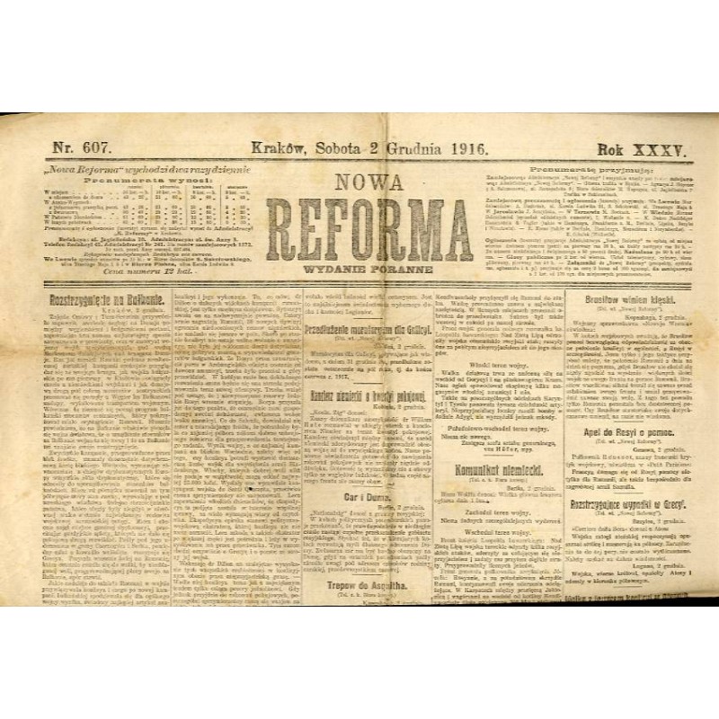 Nowa Reforma. R.35 (1916). Nr 607 (2 grudnia 1916). Wydanie poranne / Wkroczenie Legionów do Warszawy