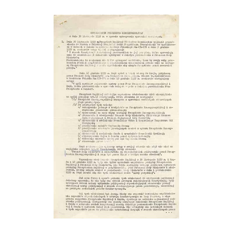 Oświadczenie Prezydenta Rzeczypospolitej z dnia 30 listopada 1939 r. w sprawie wykonywania uprawnień osobistych