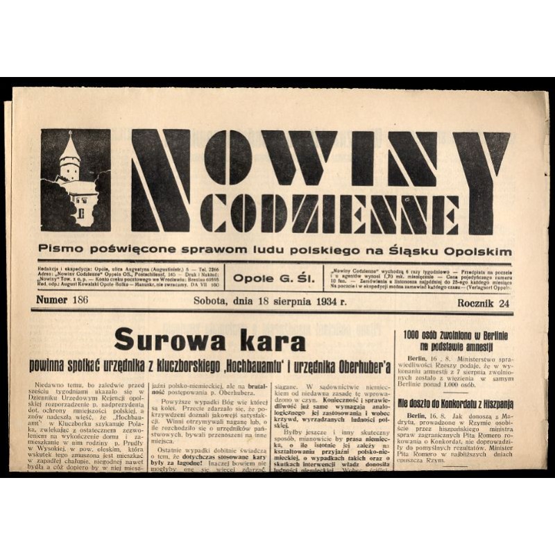 Nowiny Codzienne. Pismo poświęcone sprawom ludu polskiego na Śląsku Opolskim. R.24 (1934). Nr 186 (18 sierpnia 1934)