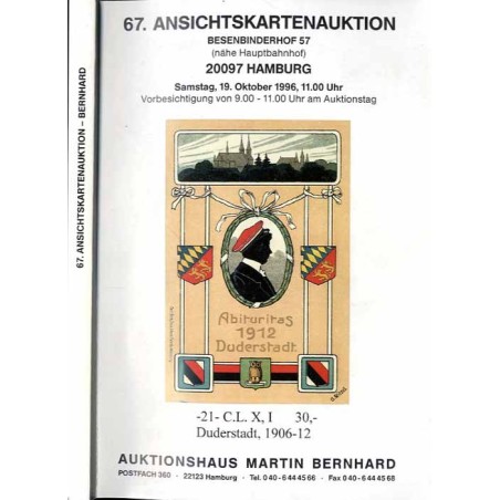 [Martin Bernhard] 67. Ansichtskartenauktion. Besenbinderhof 57 (nähe Hauptbahnhof), 20097 Hamburg . Samstag, 19. Oktober 1996, 1