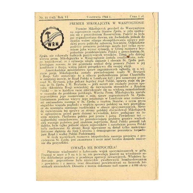 WRN [Wolność Równość Niepodległość]. R.6 (1944). Nr 11 (142) (9 czerwca 1944)