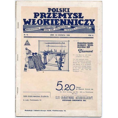 Polski Przemysł Włókienniczy  Technische Wochenschrift für die Polnische Textil-Industrie. R.2 (1928). Nr 13 (23 czerwca 1928)