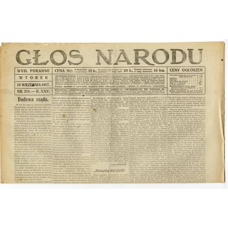 Głos Narodu. R.25 (1917). Nr 219 (18 września 1917). Wydanie poranne