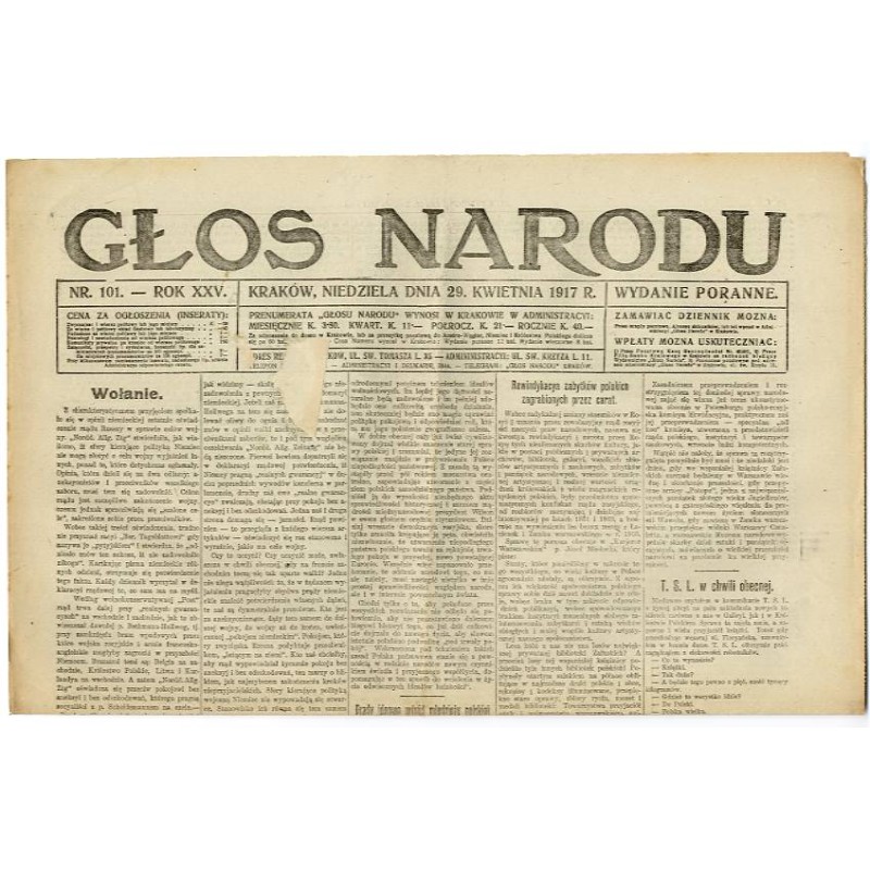 Głos Narodu. R.25 (1917). Nr 101 (29 kwietnia 1917). Wydanie poranne