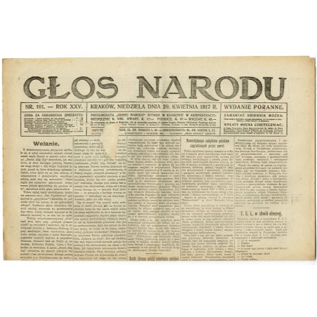Głos Narodu. R.25 (1917). Nr 101 (29 kwietnia 1917). Wydanie poranne