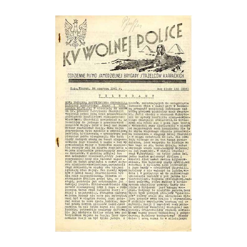 Ku Wolnej Polsce. Codzienne pismo Brygady Strzelców Karpackich. R.2 (1941). Nr 150 (256) (24 czerwca 1941)