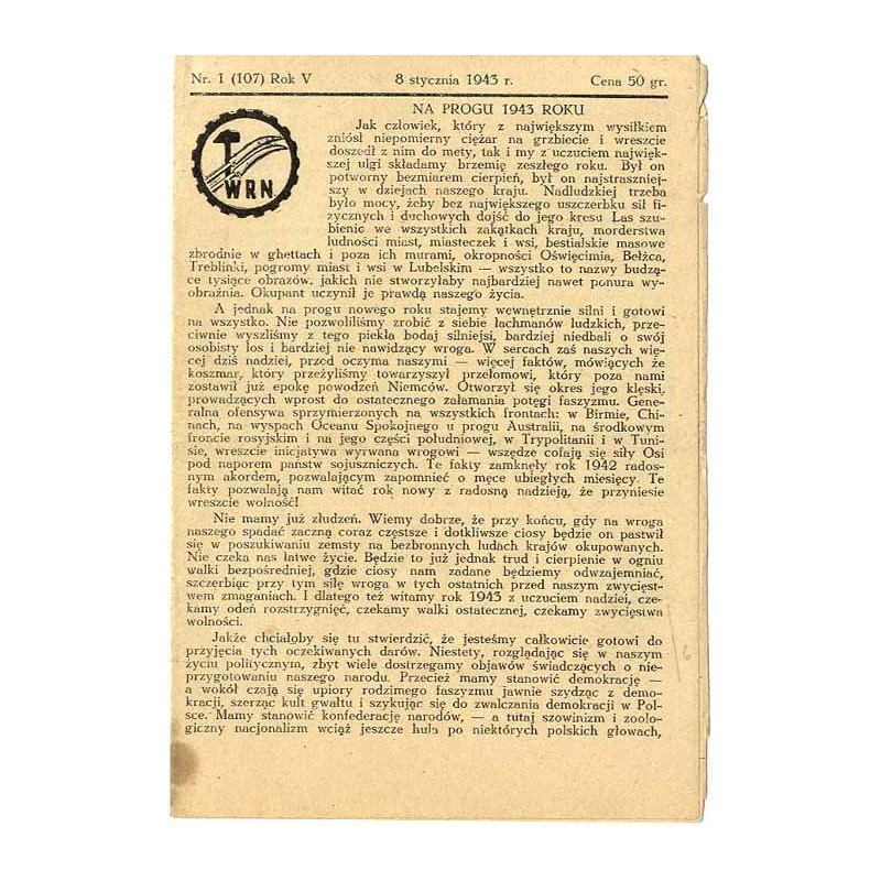 WRN [Wolność Równość Niepodległość]. R. 5 (1943). Nr 1 (107) (8 stycznia 1943)