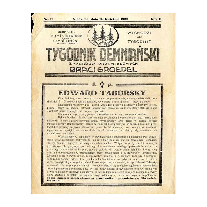Tygodnik Demniański Zakładów Przemysłowych Braci Groedel. R. 2 (1929). Nr 11 (15 sierpnia 1929) / nekrologi Edward Taborsky