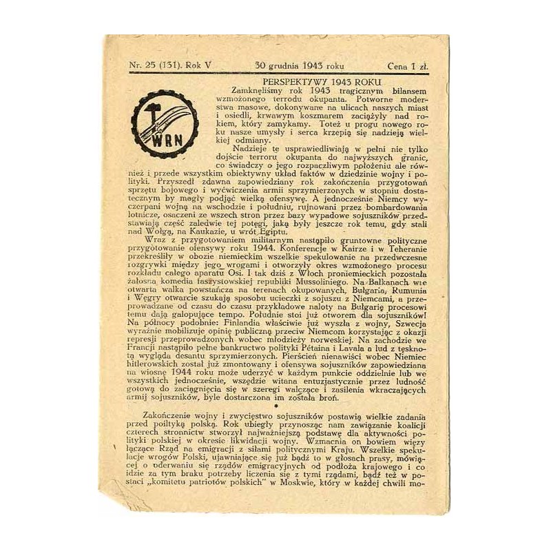 WRN [Wolność Równość Niepodległość]. R. 5 (1943). Nr 25 (131) (30 grudnia 1943)