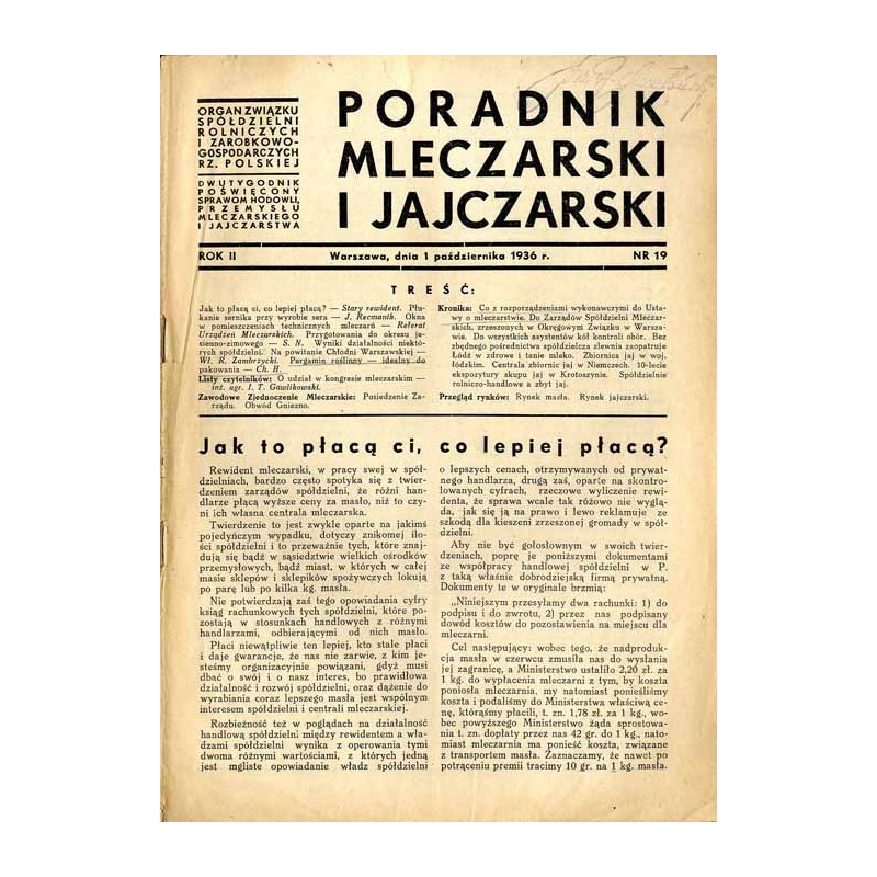Poradnik Mleczarski i Jajczarski. Organ Związku Spółdzielni Rolniczych i Zarobkowo-Gospodarczych Rz. Polskiej. Dwutygodnik poświ