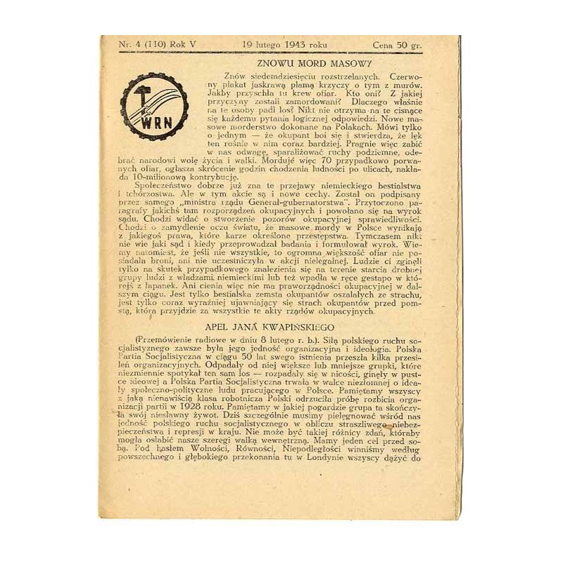 WRN [Wolność Równość Niepodległość]. R. 5 (1943). Nr 4 (110) (19 lutego 1943)