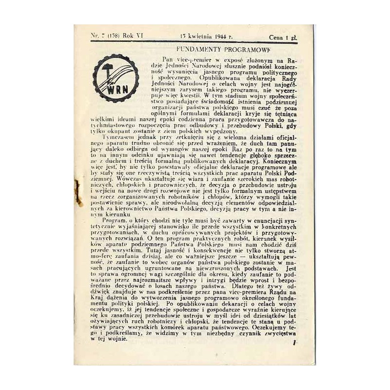 WRN [Wolność Równość Niepodległość]. R. 6 (1944). Nr 7 (138) (15 kwietnia 1944)