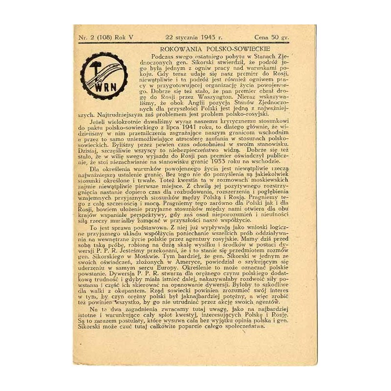 WRN [Wolność Równość Niepodległość]. R. 5 (1943). Nr 2 (108) (22 stycznia 1943)
