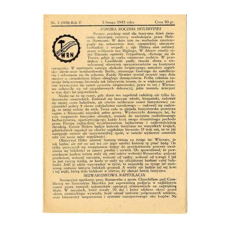 WRN [Wolność Równość Niepodległość]. R. 5 (1943). Nr 3 (109) (5 lutego 1943)
