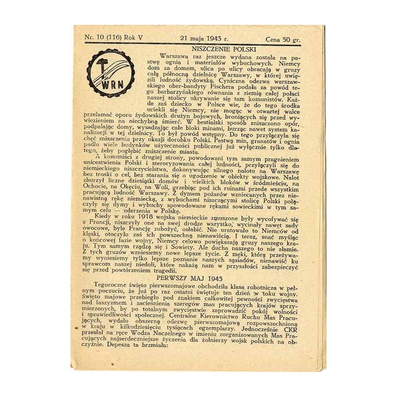 WRN [Wolność Równość Niepodległość]. R. 5 (1943). Nr 10 (116) (21 maja 1943)
