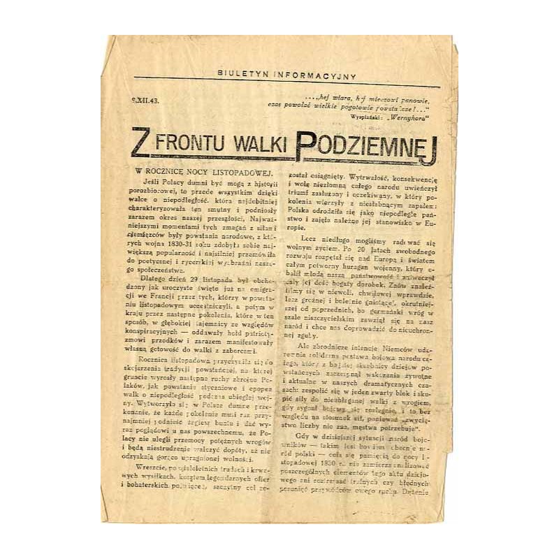 Z Frontu Walki Podziemnej. Biuletyn informacyjny. R. 1 (1943). Nr (9 grudnia 1943)