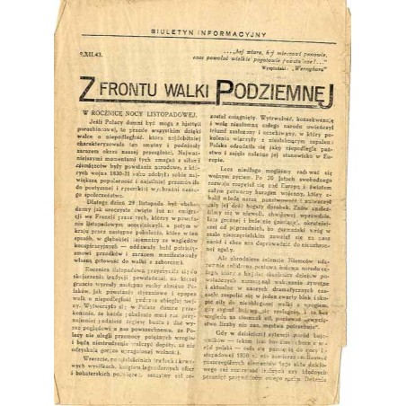 Z Frontu Walki Podziemnej. Biuletyn informacyjny. R. 1 (1943). Nr (9 grudnia 1943)