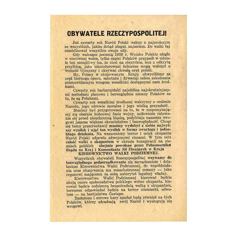 Obywatele Rzeczypospolitej! [Inc.:] "Już czwarty rok Naród Polski walczy z najsroższym ze wszystkich, jakim dotąd ulegał, najazd