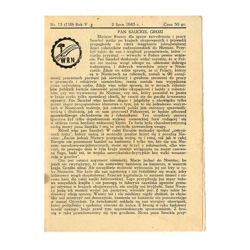 WRN [Wolność Równość Niepodległość]. R. 5 (1943). Nr 13 (119) (2 lipca 1943)