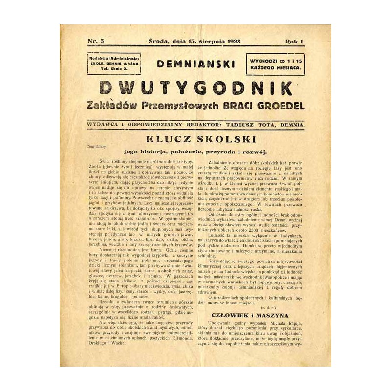 Demnianski Dwutygodnik Zakładów Przemysłowych Braci Groedel. R. 1 (1928). Nr 5 (15 sierpnia 1928)