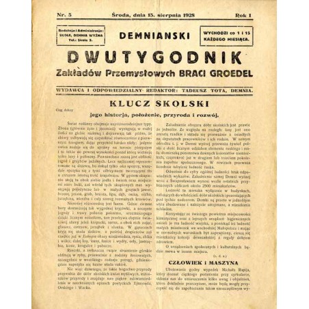 Demnianski Dwutygodnik Zakładów Przemysłowych Braci Groedel. R. 1 (1928). Nr 5 (15 sierpnia 1928)