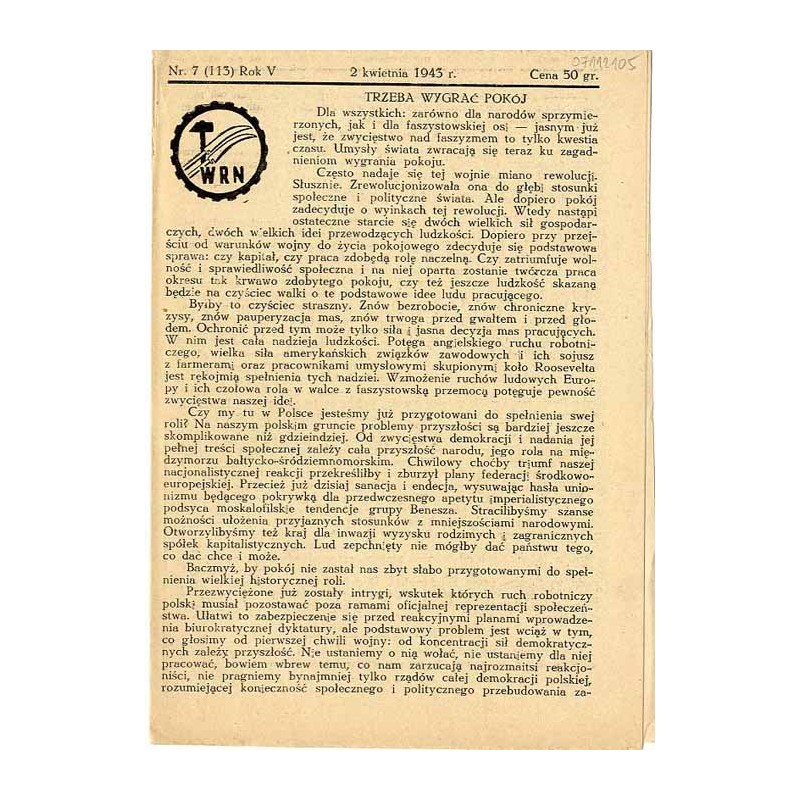 WRN [Wolność Równość Niepodległość]. R. 5 (1943). Nr 7 (113) (2 kwietnia 1943)