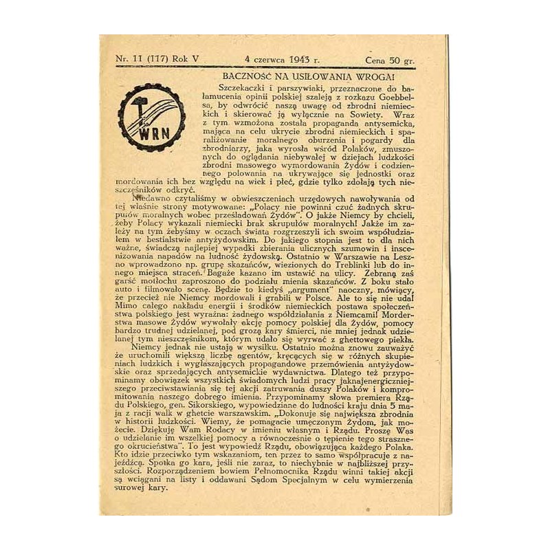 WRN [Wolność Równość Niepodległość]. R. 5 (1943). Nr 11 (117) (4 czerwca 1943)