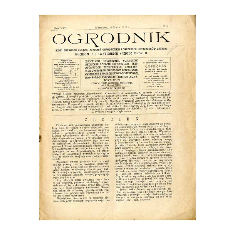 Ogrodnik. Organ Polskiego Związku Zrzeszeń Ogrodniczych i Syndykatu Plantatorów Chmielu. R.17 (1927). Nr 5 (10 marca 1927)