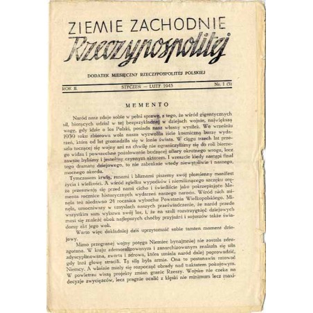 Ziemie Zachodnie Rzeczypospolitej. Dodatek miesięczny Rzeczypospolitej Polskiej. R. 2 (1943). Nr 1 (3) (Styczeń-Luty 1943)