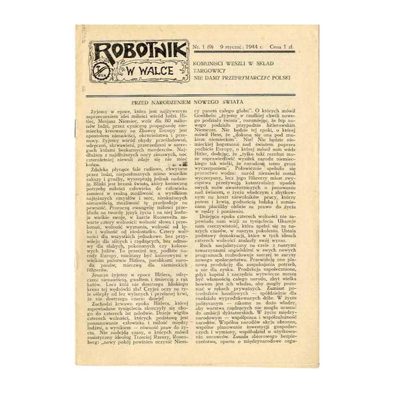 Robotnik w Walce. R. 2 (1944). Nr 1 (9) (9 stycznia 1944)