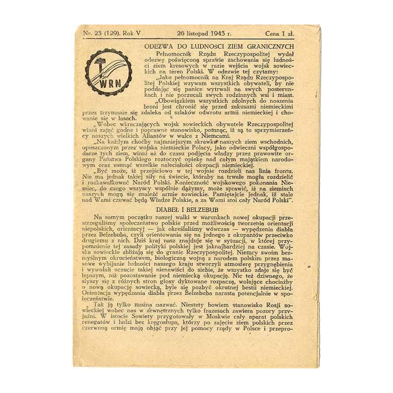 WRN [Wolność Równość Niepodległość]. R.5 (1943). Nr 23 (129) (26 listopada 1943)
