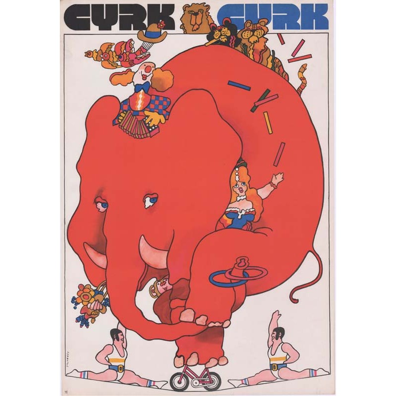 Cyrk (słoń na rowerze i cyrkowcy)