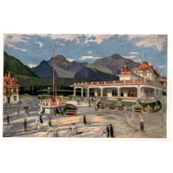 Lázne Štrbské pleso dľa orig. E. Kosy. Grandhotel s pozadím jazera a Tater. Les eaux Štrbské pleso. Grandhôtel. The bath at the