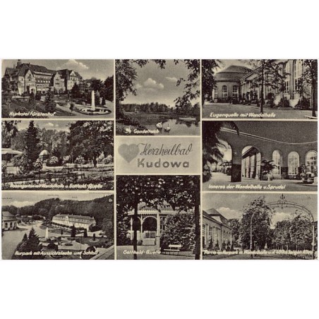 Herzheilbad Kudowa. Kurhotel Fürstenhof. Rosengarten mit Wandehalle u. Gotthold-Quelle. Kurpark mit Aussichtslaube und Schloß. G