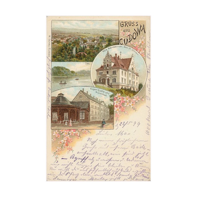 Gruss aus Cudowa. See. Villa Sanssouci, Bes. H. Dönau. Eugen-Quelle und Marienbad