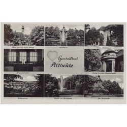 Herzheilbad Altheide. Blick auf die kath. Kirche. Brunnenhalle. Teilansicht. Kurhaus. Partie im Kurpark. Neues Badehaus. Partie