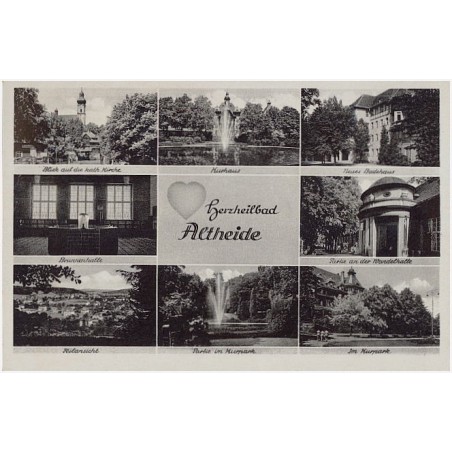 Herzheilbad Altheide. Blick auf die kath. Kirche. Brunnenhalle. Teilansicht. Kurhaus. Partie im Kurpark. Neues Badehaus. Partie