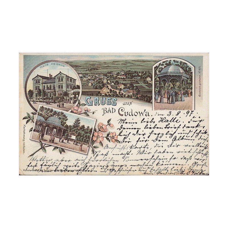 Gruss aus Bad Cudowa. Haus Merkur. Kurplatz. Gottholdquelle
