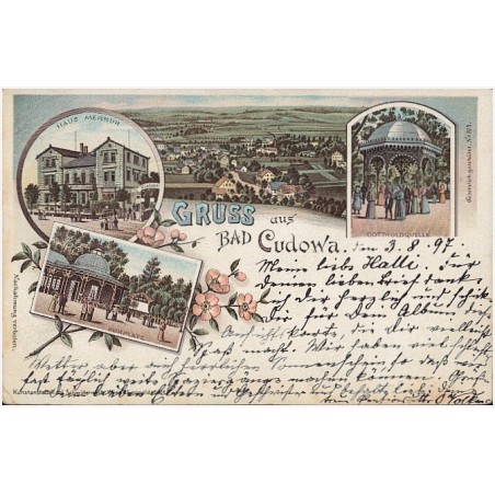 Gruss aus Bad Cudowa. Haus Merkur. Kurplatz. Gottholdquelle