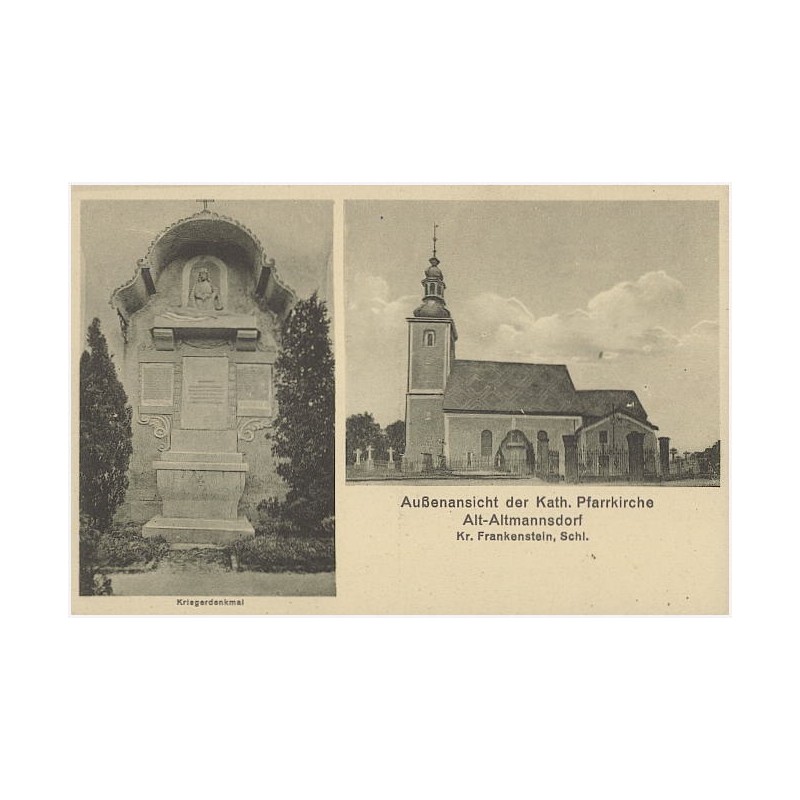 Außenansicht der Kath. Pfarrkirche, Alt-Altmannsdorf, Kr. Frankenstein, Schl. Kriegerdenkmal