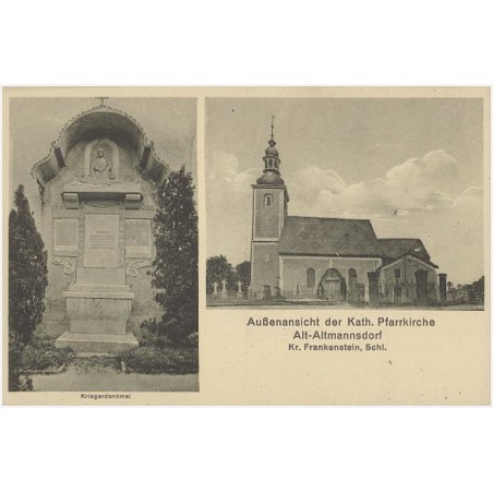 Außenansicht der Kath. Pfarrkirche, Alt-Altmannsdorf, Kr. Frankenstein, Schl. Kriegerdenkmal