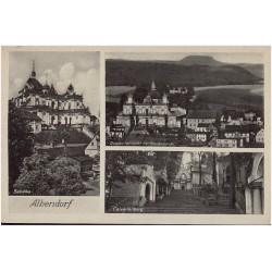 Albendorf. Basilika. Gesamtansicht mit Heuscheuer. Calvarienberg