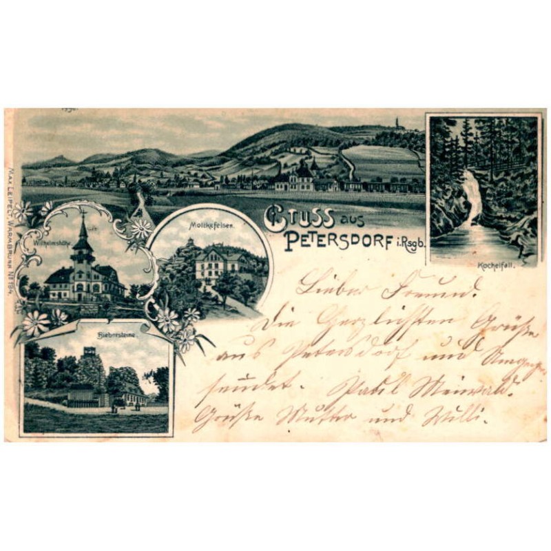 Gruss aus Petersdorf i. Rsgb. 1996. Wilhelmshöhe. Moltkefelsen. Kochelfall. Biebersteine.