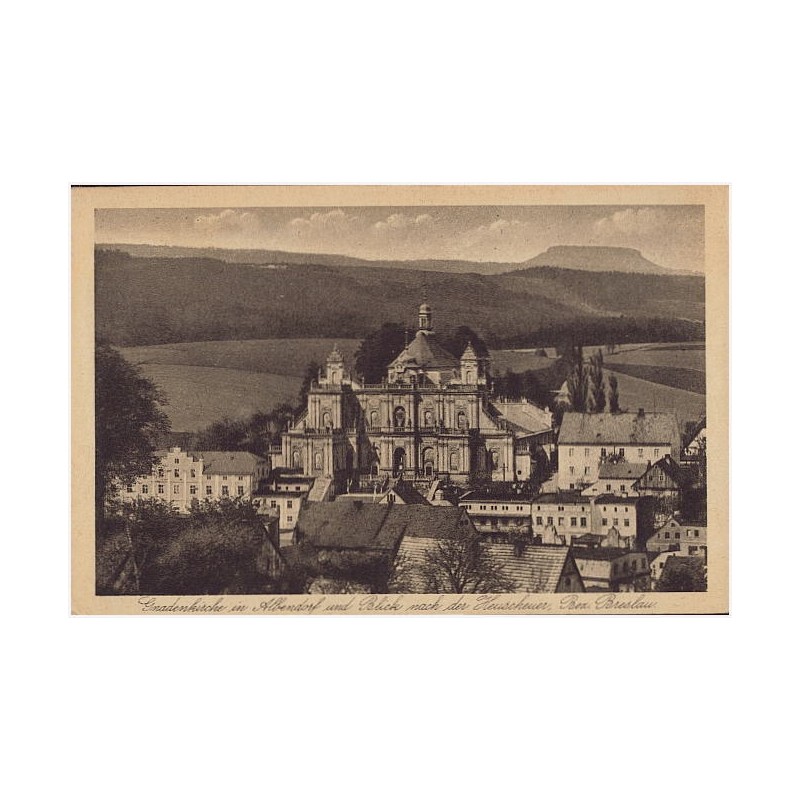 Gnadenkirche in Albendorf und Blick nach der Heuscheuer, Bez. Breslau