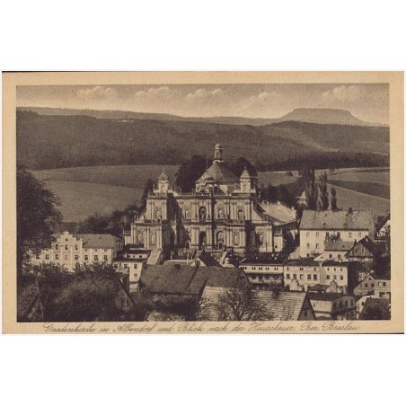 Gnadenkirche in Albendorf und Blick nach der Heuscheuer, Bez. Breslau
