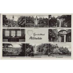 Herzheilbad Altheide. Blick auf die kath. Kirche. Brunnenhalle. Teilansicht. Kurhaus. Partie im Kurpark. Neues Badehaus. Partie