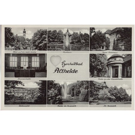 Herzheilbad Altheide. Blick auf die kath. Kirche. Brunnenhalle. Teilansicht. Kurhaus. Partie im Kurpark. Neues Badehaus. Partie